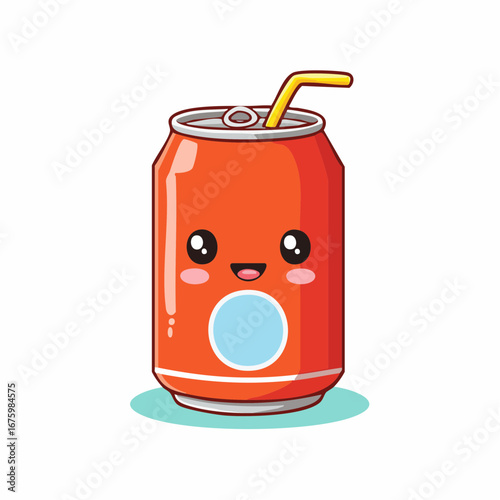 Cute kawaii soda can with a smiling face and straw, a cheerful cartoon character illustration of a sweet beverage drink