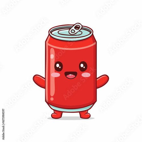 Cute red soda can character with a happy smiling face. A kawaii soft drink mascot illustration concept isolated on a white background