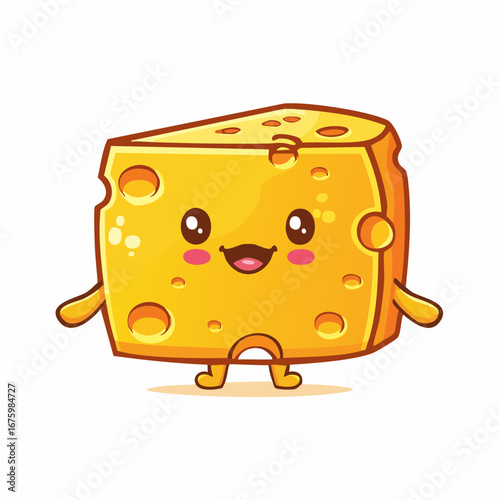 Cute kawaii Swiss cheese character with a happy smiling face. Adorable food mascot illustration isolated on a white background