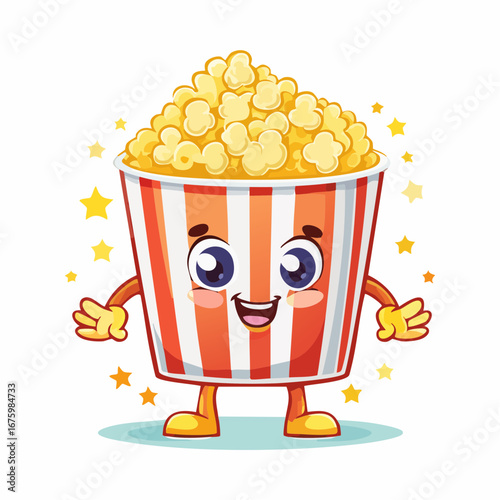 Cute Popcorn Character Illustration in a Striped Bucket with Stars