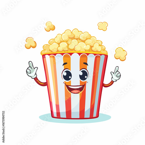 Joyful popcorn mascot in a red and white striped bucket, a cheerful and fun cartoon character illustration for cinema snacks