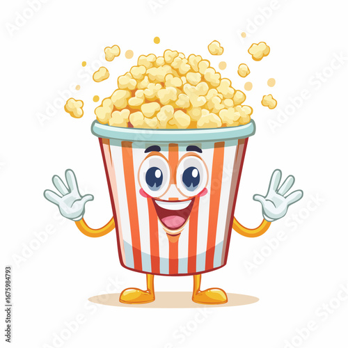 Happy cartoon popcorn bucket mascot illustration