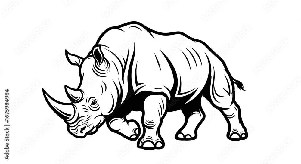 Fototapeta premium Powerful Black and White Illustration of a Charging Rhinoceros.