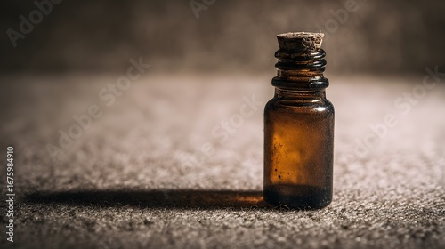 A small, amber-toned glass bottle with a cork stopper sits on a textured surface, evoking a sense of antiquity and mystery.