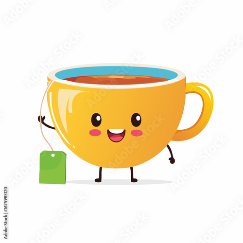 Cute yellow teacup cartoon character smiling