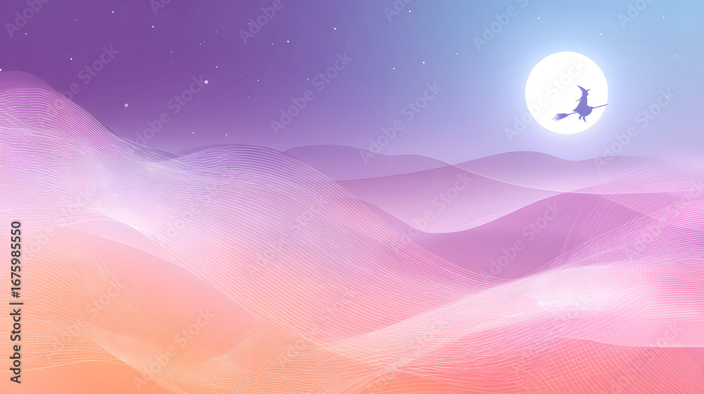 Fototapeta premium Witch Flying on Broomstick Under Full Moon with Pink and Purple Light Streaks