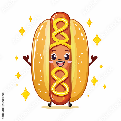 Happy kawaii hot dog cartoon character with mustard