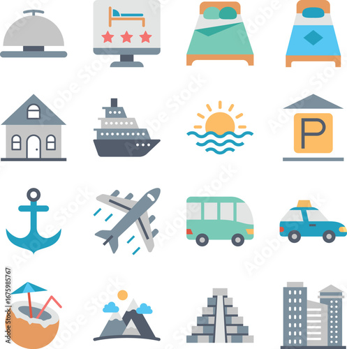 Diverse travel and leisure icons representing hotels transportation and destinations for your next adventure vector