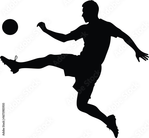 Soccer Player Silhouette Kicking Ball in Mid Air Football Athlete Action Pose, Dynamic Sports Vector Illustration Design