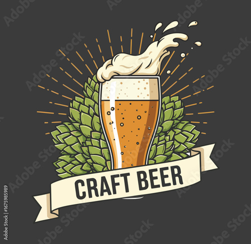 Craft Beer Vintage Illustration with Hops and Frothy Glass Design