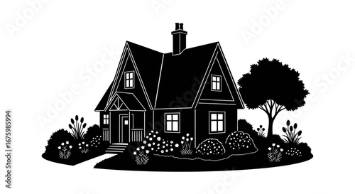 Silhouette of a charming house with garden and chimney.