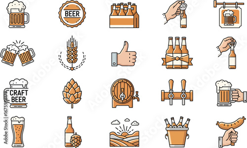 Beer and Pub Icon Collection Flat Line Design Elements