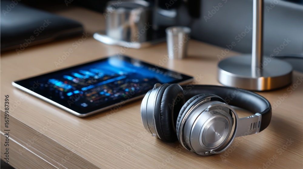 Fototapeta premium Modern workspace featuring headphones and tablet on wooden desk in cozy indoor setting
