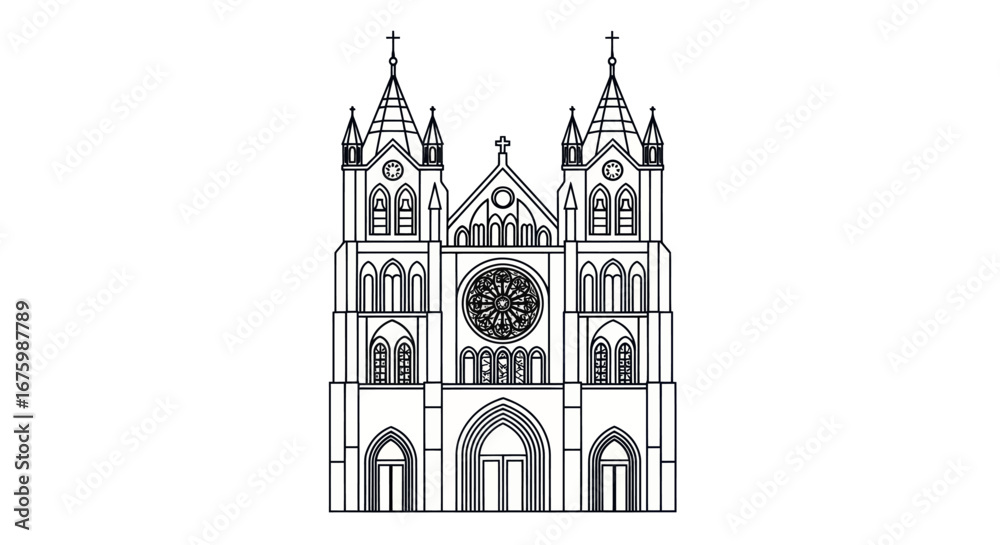 Fototapeta premium Intricate Gothic Cathedral Facade Line Art Illustration.