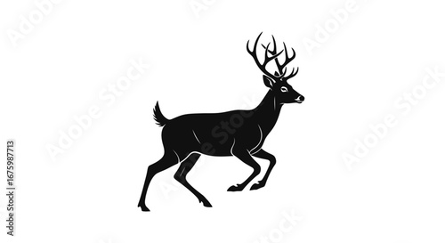 Black Silhouette of a Running Deer with Majestic Antlers.
