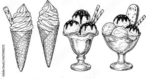 Ice cream vector sketch desserts. Hand drawn wafer cone, gelato, chocolate glazed, sundae, and ice cream served in a glass bowl. Transparent background PNG cutout