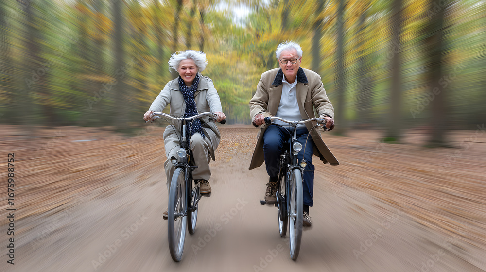 Fototapeta premium Senior couple riding bicycles fast in autumn park, motion blur for dynamic effect.