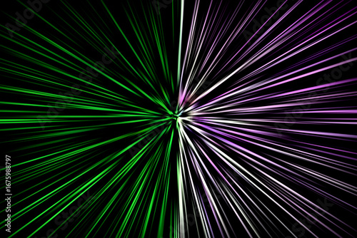 Abstract surface of radial blur zoom with green, white, and purple light rays on black background, dynamic futuristic starburst effect creating a sense of speed and energy.
