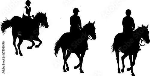 Solid black silhouettes depicting different types of horseback riding activities