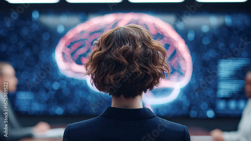 A woman observes a digital brain visualization, suggesting a focus on neuroscience or technology in a professional environment.
