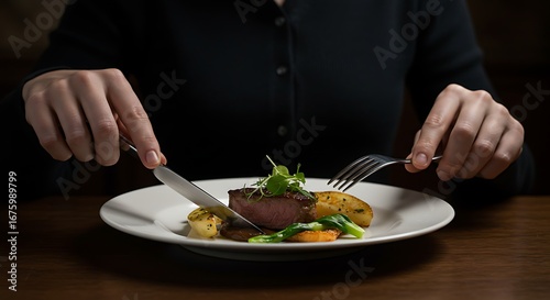 Elegant close-up of a person enjoying a beautifully plated gourmet food dish, expertly cutting a meal with a knife and fork in a refined dining setting, highlighting the art of eating