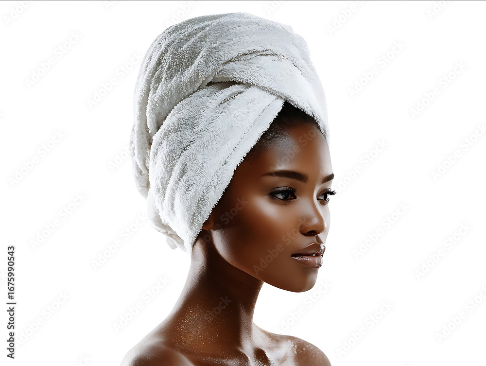 Obraz premium Portrait of a beautiful young Black woman with a towel on her head a spa concept isolated over a white background with copy space for text Stock photo in the