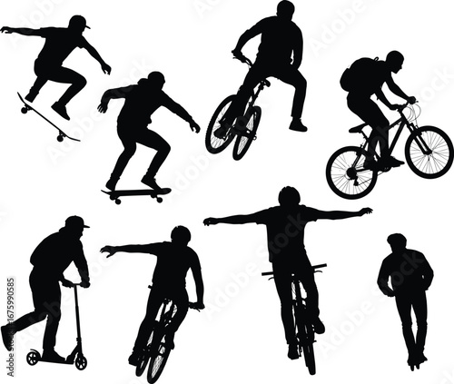 Extreme sports action, skateboarding and biking silhouettes, urban outdoor activities, youth performing tricks, scooter riding, biking jumps, adrenaline, active lifestyle, energetic movement, adventur