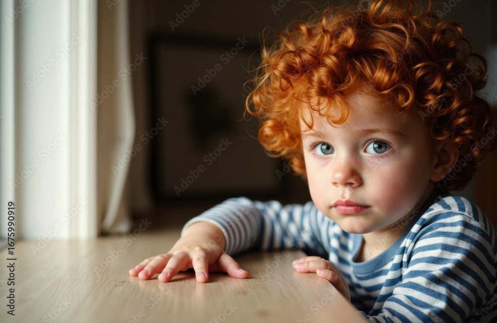 Naklejka premium Child with curly red hair and blue eyes resting his head on a wooden table in a cozy indoor setting