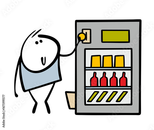 Cartoon happy child throws a coin into the slot of a vending machine selling food and drinks. vector illustration of a boy buying a snack and soda, giving cash. Convenient service.