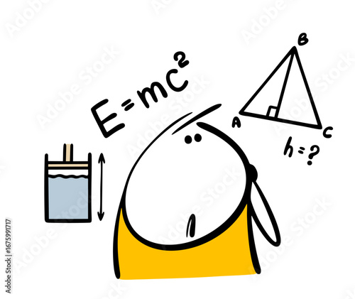 Funny character is thinking. Vector illustration of a student solving a problem. Formulas for physics, doodle triangle for geometry and mathematics. Complex sciences for cartoon child.