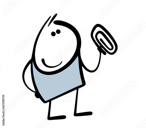 Funny office worker holds a paper clip in his hand. Doodle vector illustration advertising a store or school. Cartoon  useful item for paper stapling.