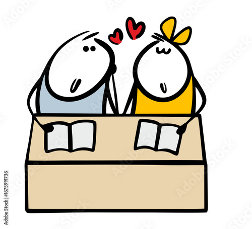 At school, two children are sitting at a desk in class. Vector illustration of a classmate in love with a neighbor. Cartoon boy admires the girl, the heart and the first feeling.
