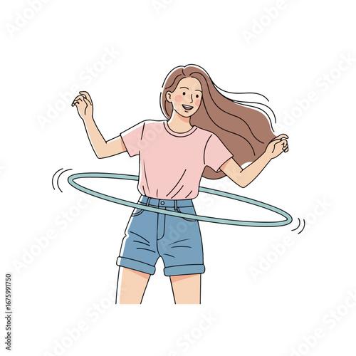 Young woman spins hula hoop in casual clothes on white background, enjoying playful activity with a cheerful and carefree vibe.
