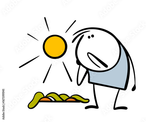 Cartoon sad farmer looks at the withered plants in the garden. Vector illustration of arid, hot summer, dead crops. Poor gardener is a loser.