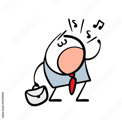 Funny stickman in a business suit goes to work and sings loudly. Vector illustration of an unprofessional singer in an office. Cartoon person isolated on white background.