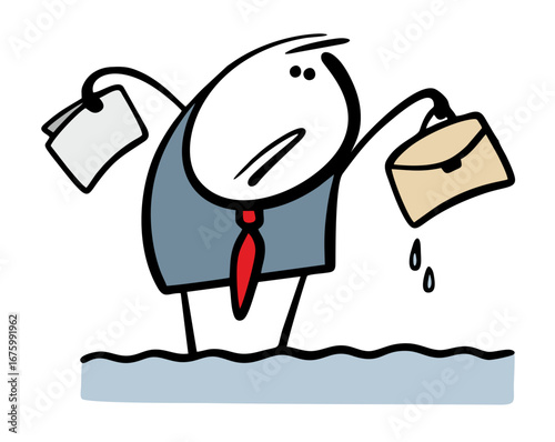 Unfortunate office clerk got caught in flood. Vector illustration of businessman rescuing wet briefcase and documents. Water drips from sheets of paper. Unforeseen circumstances in office work.