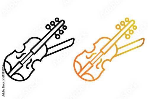 Violin black and gradient line icon. Violin with its bow resting. Minimalist violin outline icon vector.