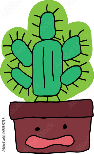 Green cactus with thorns in a cute pot with a surprised face. Hand drawn doodle children drawings. Cute kids background for your design. Vector cartoon elements