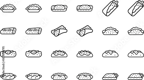Food and Drink Icon Set, Fast Food Outline Vector, Snack, Burger, Sandwich, Wrap, Taco, Soda, Juice, Line Art Icons Collection for Restaurant, Cafe, Delivery and Menu Design
