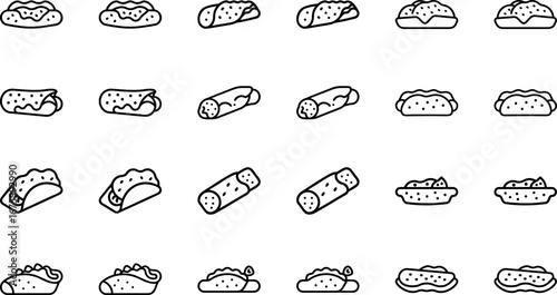 Food and Drink Icon Set, Fast Food Outline Vector, Snack, Burger, Sandwich, Wrap, Taco, Soda, Juice, Line Art Icons Collection for Restaurant, Cafe, Delivery and Menu Design