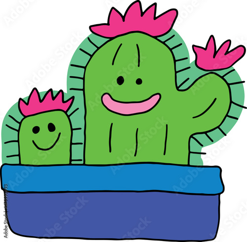 Two happy smiling green cacti with pink flowers in flower pot. Hand drawn doodle children drawings. Cute kids background for your design. Vector cartoon elements