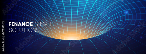 Wormhole data tunnel with 3D cyber vortex and digital wireframe textures. Futuristic AI portal or energy transition effect for conference background. Scientific grid pattern or light speed tube.