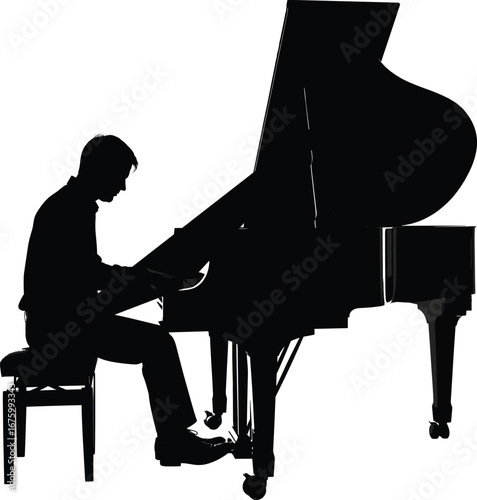 Silhouette of a man playing grand piano, music performance, elegant pianist, classical music, live concert, musical expression, artistic passion, cad drawing flat vector illustration vectorizer