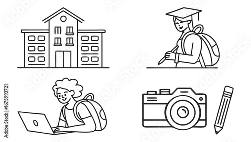 School icon set. Containing education, learning, teacher, book, E-learning, graduation, school subjects, classroom, students and more. Editable line icons. Vector