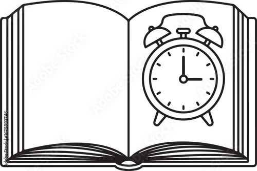 Open book with alarm clock icon on white background time