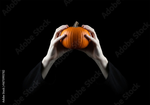 A small, orange pumpkin is held aloft by two pale, white hands, positioned symmetrically in the center of the image