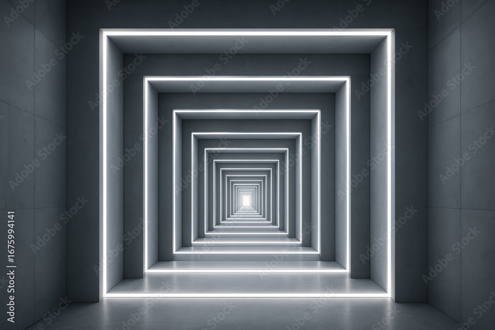 Fototapeta premium Futuristic abstract hallway with glowing white light frames and concrete walls forming infinite geometric tunnel perspective background. Ai generative