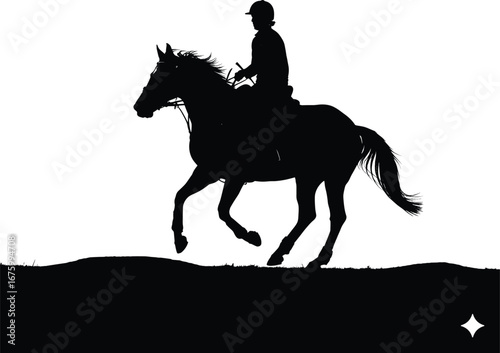 Silhouette of a man riding a horse outdoors, horse rider galloping, equestrian sports activity, nature and freedom concept, vector illustration for design, cad drawing flat vector illustration vectori