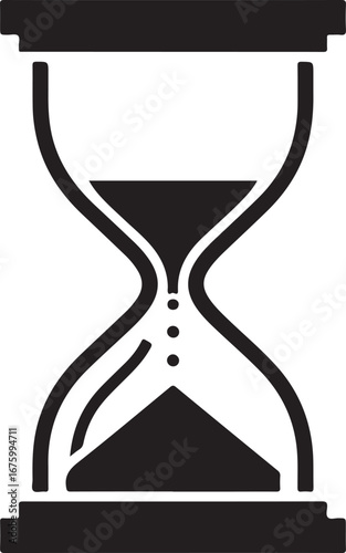 Black silhouette of an hourglass with sand flowing through on a white background time