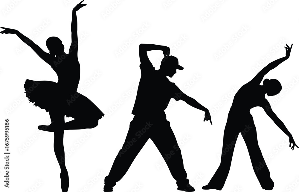 custom made wallpaper toronto digitalSilhouette of diverse dancers performing ballet, hip hop, and stretching exercises, artistic movement, dance expression, fitness activity, cad drawing flat vector illustration vectorizer